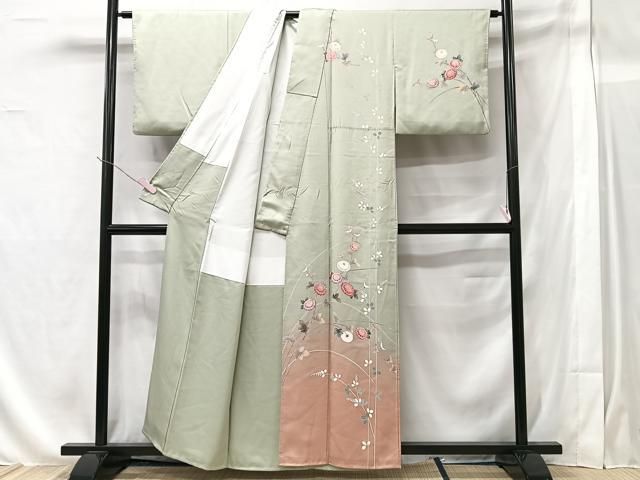 506mh48●訪問着 単衣 螺鈿 アクアグリーン色 ツヤ生地 紗綾形地紋●美品 単衣】 螺鈿 金彩友禅 さが美謹製 花柄 訪問着 正絹 青緑 エメラルド