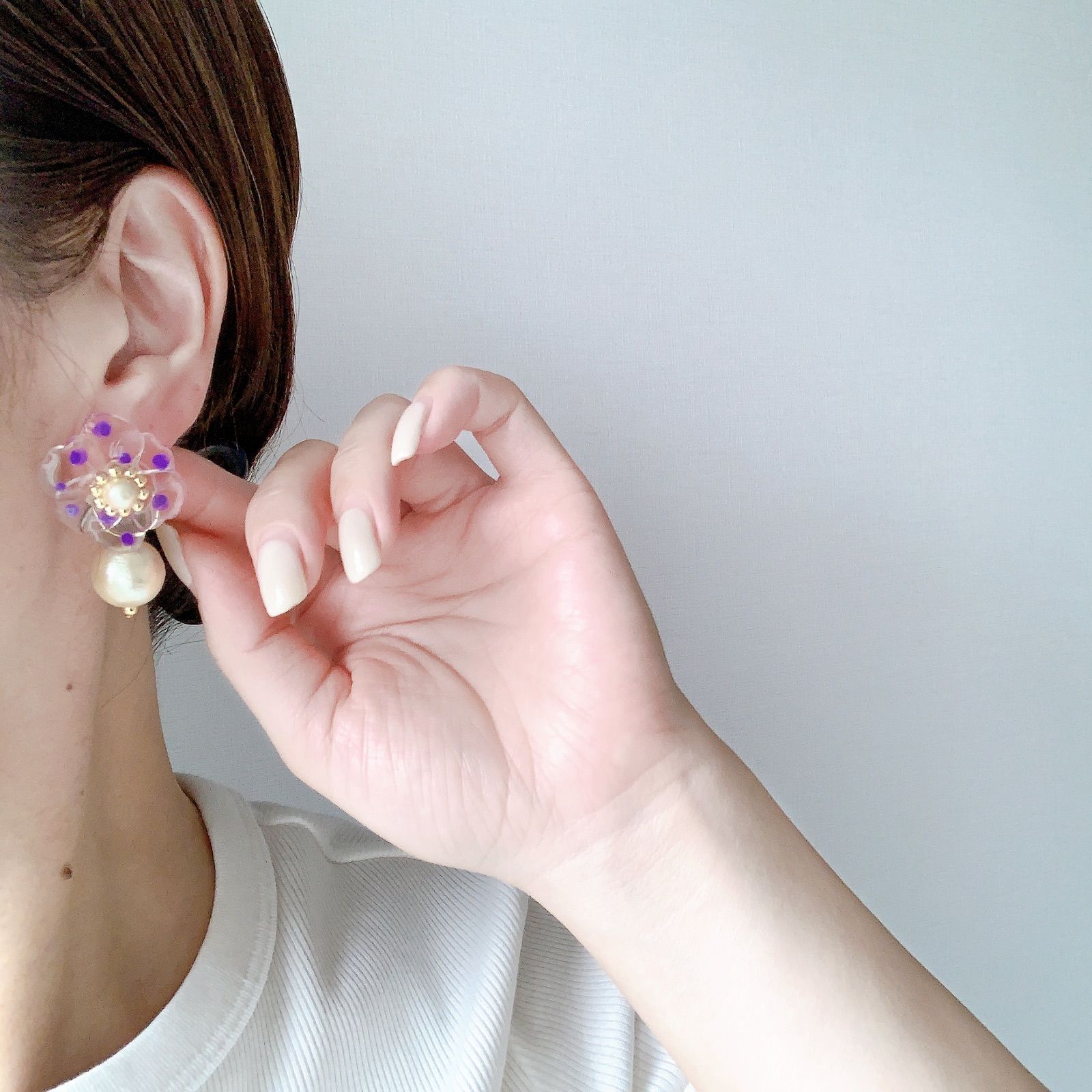 1497】パープル ドット フラワー ハンドメイドアクセサリー ピアス 