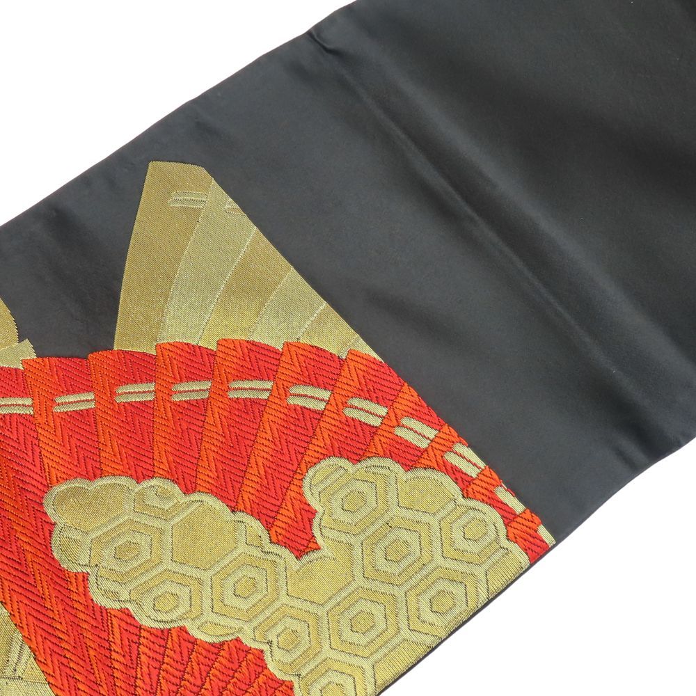 中古】 袋帯 正絹(金銀糸除く) 黒 金 朱 フォーマル 和装 呉服 和服  