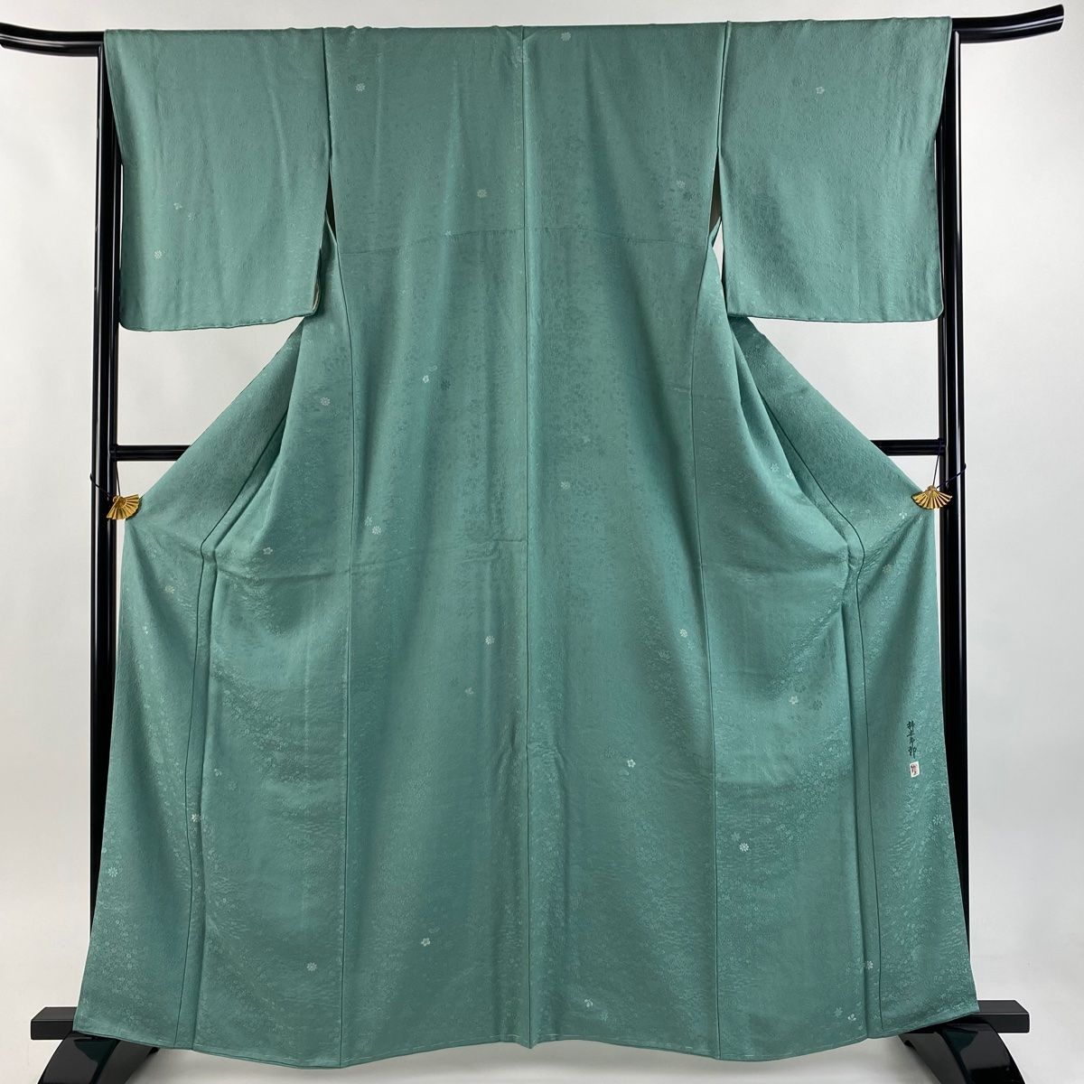 小紋 身丈162.5cm 裄丈66cm M 袷 柿本市郎 落款 花 地紋 灰緑 正絹 秀品 一つ紋