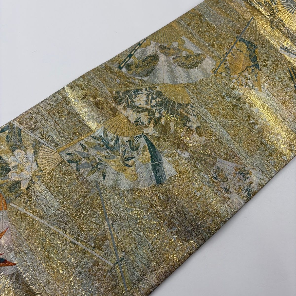袋帯 美品 名品 琳派三十六華扇 扇 草花 箔 金色 全通 正絹
