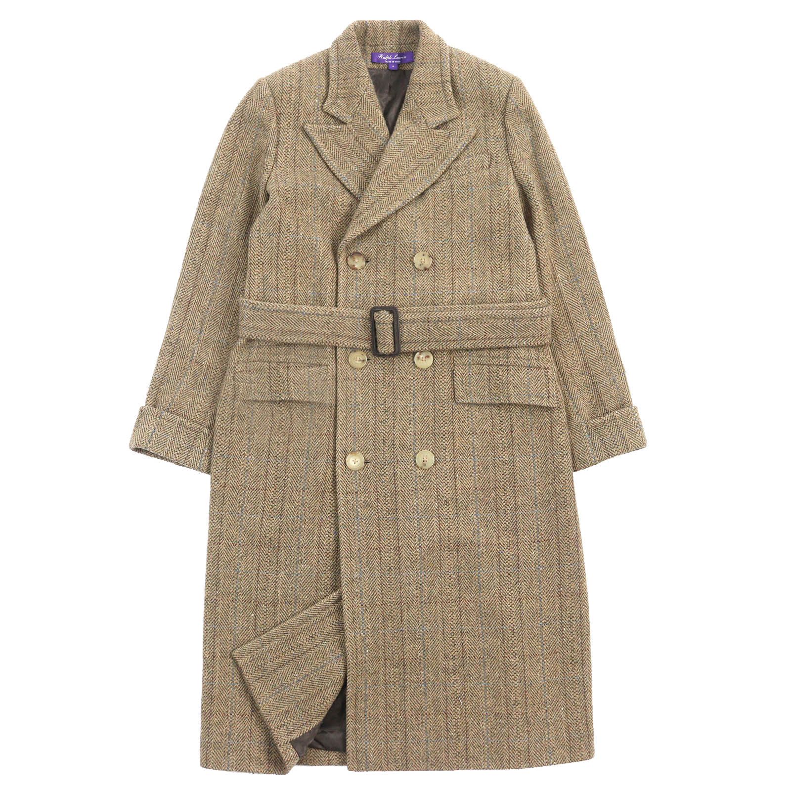 極美品RALPH LAUREN ラルフローレン パープルレーベル ウール100％ ヘリンボーン ベルテッド ダブルブレスト ロングコート ブラウン系 6 イタリア製 正規品 メンズ