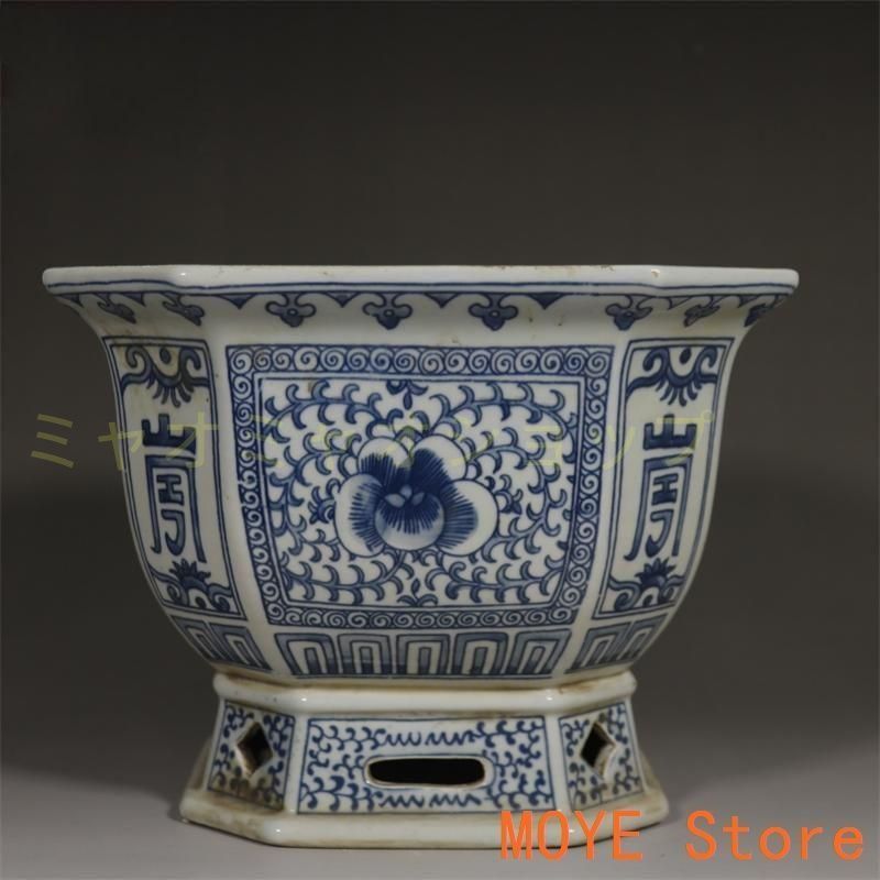 青花纏枝牡丹紋高足四方鉢 陶磁器 工芸品 美術品 置物