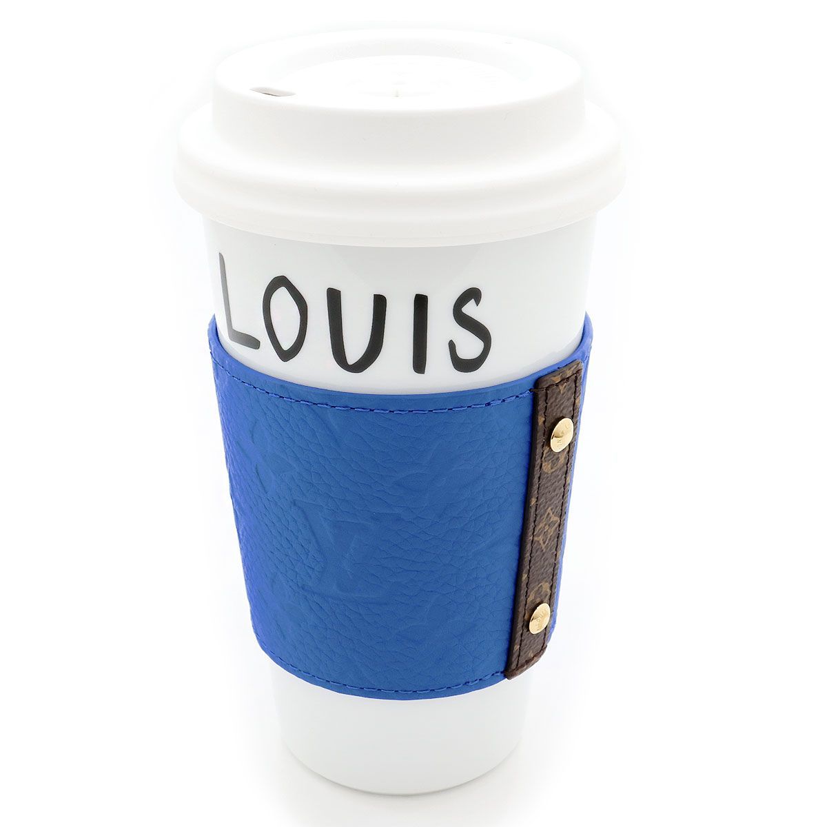ほぼ♥ ルイ ヴィトン LOUIS VUITTON タンブラー カップ ルイ トリヨンレザー スリーブ GI1106 フランス製 磁器 ホワイト×ブルー ユニセックス レディース メンズ 食器 デスク コーヒータイム インテリア