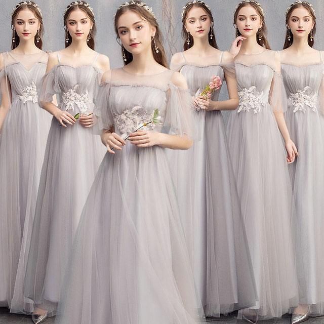 グレー ブライズメイド ドレス 6タイプチュールドレス 透かし袖 Aライン 背開き 編み上げ ロングドレス 大人 結婚式 花嫁 二次会 演奏会