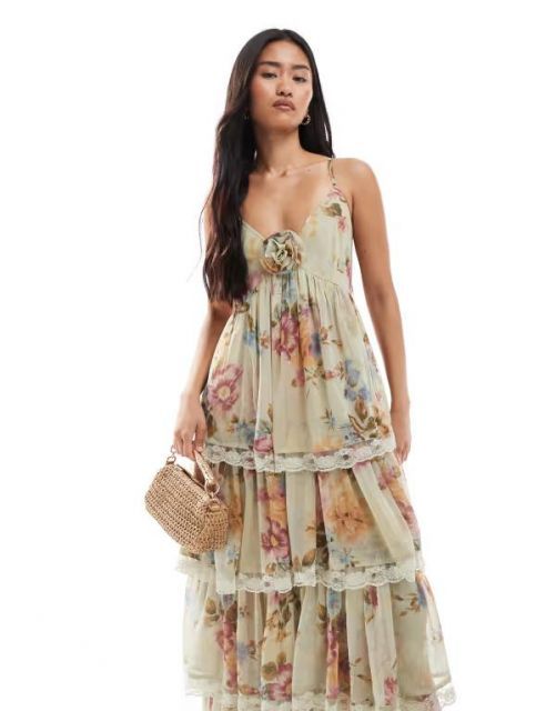 ミスセルフフリッジ レディース ワンピース トップス Miss Selfridge race day chiffon tiered maxi dress in green floral print Green floral print WWW_NOITHATQUANGTHANH_NET