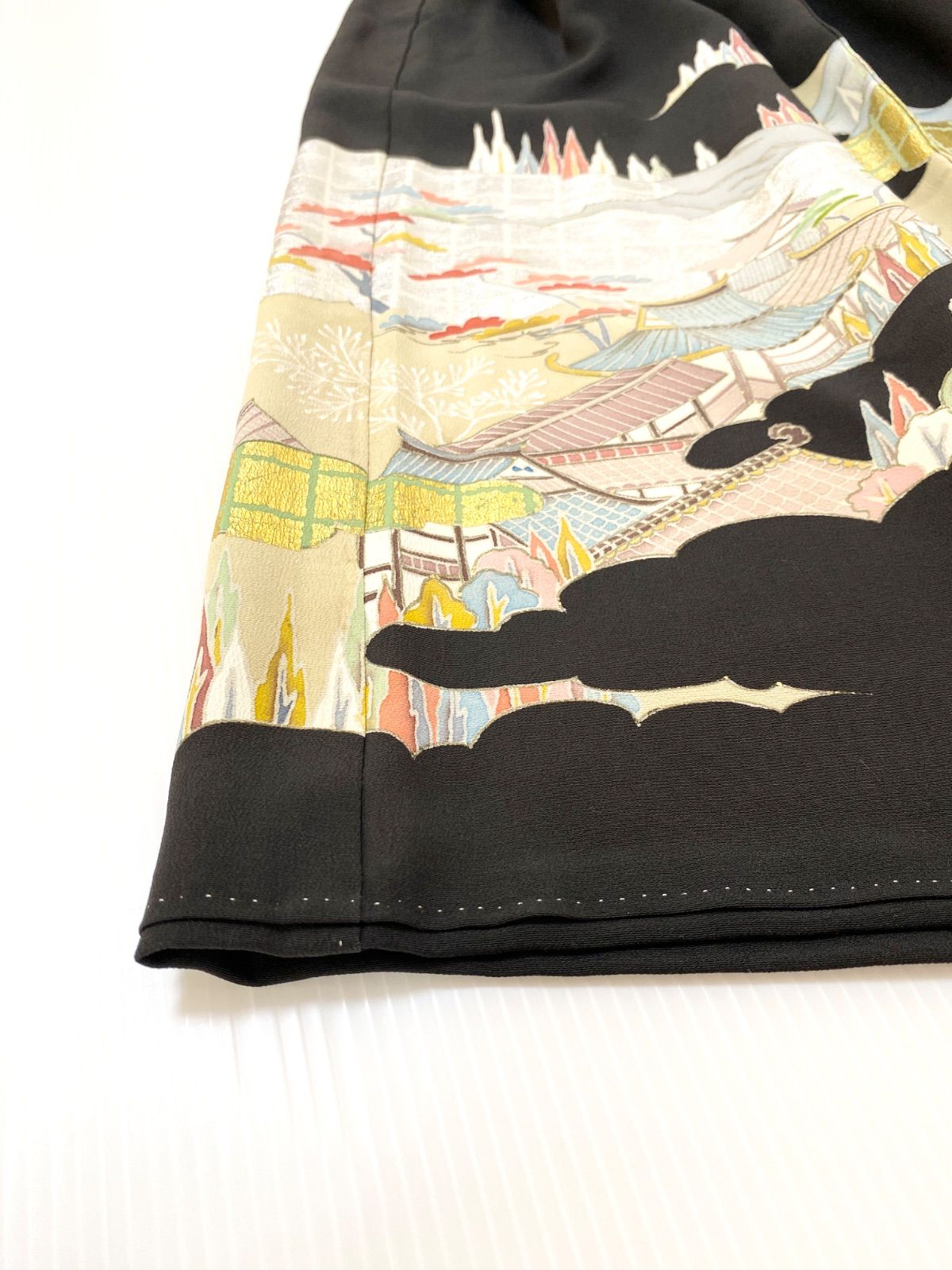 大人可愛いセレブ着物スカートフリーサイズ1点物黒留袖着物リメイクウエストゴムロングスカートフリーサイズ送料込みハンドメイドNO.5771