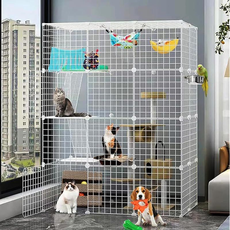 猫 ケージ 大型DIYコンビネーション脱走防止 ペット キャットケージ 大型組立簡単折りたたみ キャットケージ ドア付き猫用ケージ 多頭飼梯子付き移動便利子猫が 取り外し 出入り便利 大きいスペース L111xW73xH147cm白