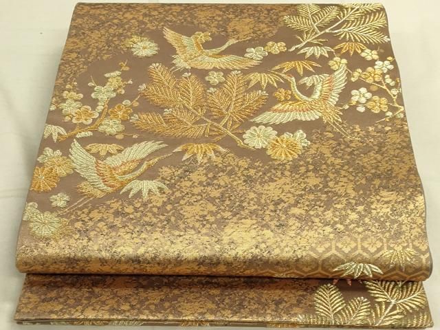 502myu57▲袋帯 引箔 扇 鶴 鳥 松竹梅 組紐 正絹 フォーマル▲美品 502myu57△袋帯 引箔 扇 鶴 鳥 松竹梅 組紐 正絹 フォーマル△美品