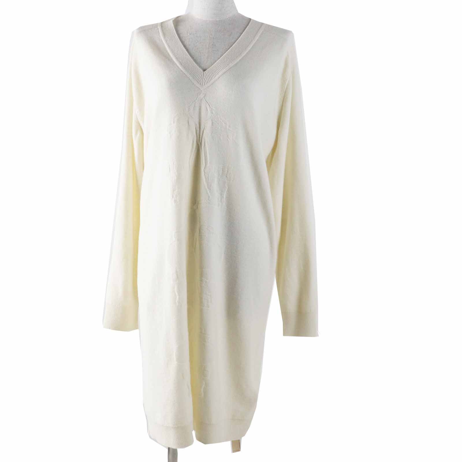 ◎HERMES エルメス 21AW Brides de Gala ウール カシミヤ混 長袖 Vネック ニットワンピース アイボリー 36 イタリア製 レディース