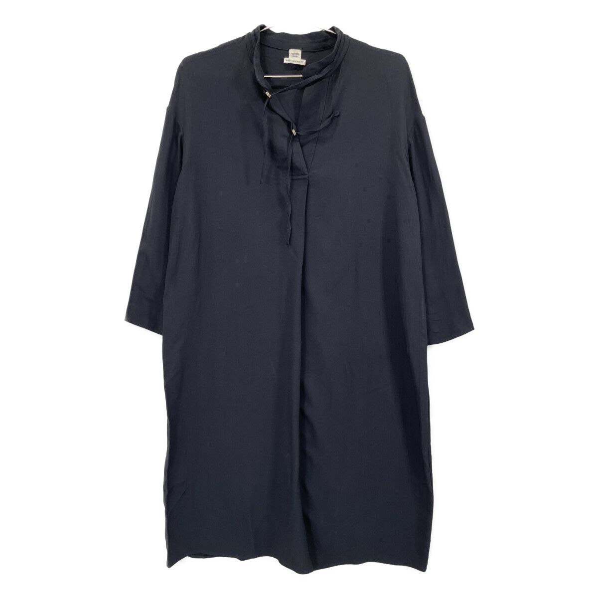 HERMES エルメス ネイビー シルク混 リボンタイ ワンピース 34