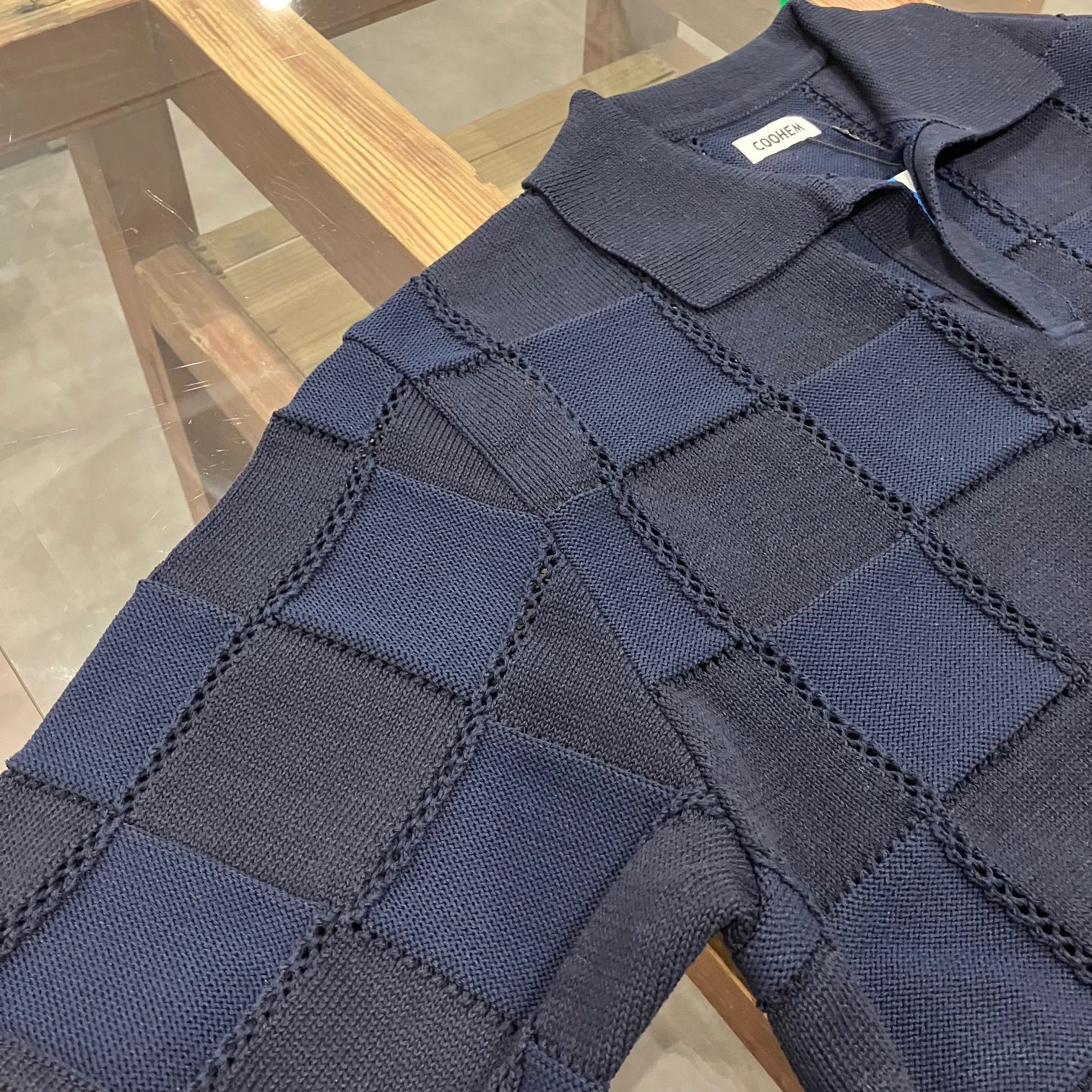 COOHEM コーヘン LINKS CHECK KNIT PULLOVER NAVY リンクス