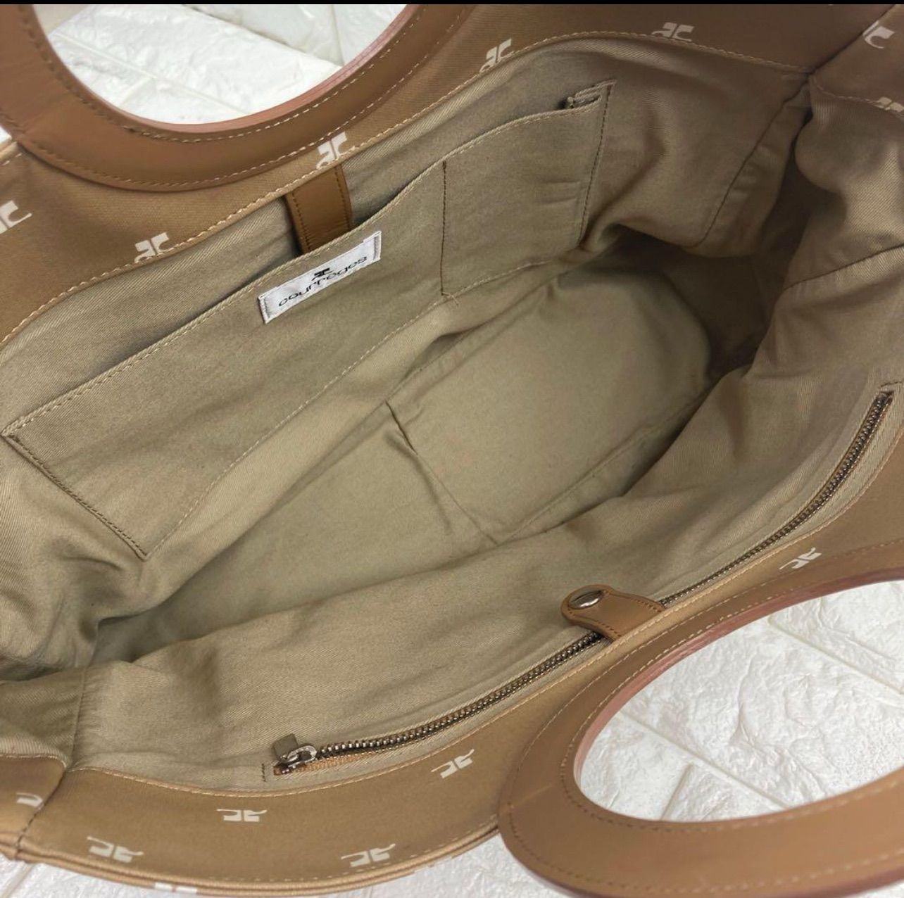 希少レア courreges クレージュ ハンドバッグ 総ロゴ ベージュ トート 