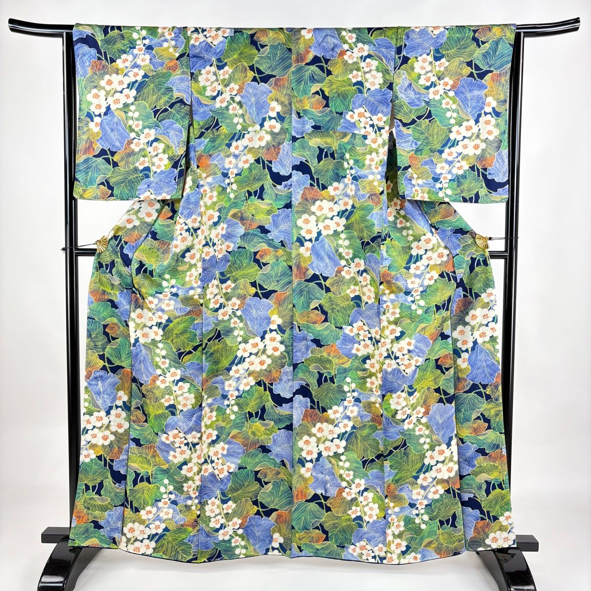 小紋 身丈162cm 裄丈64.5cm M 袷 花 葉柄 紺色 正絹 秀品