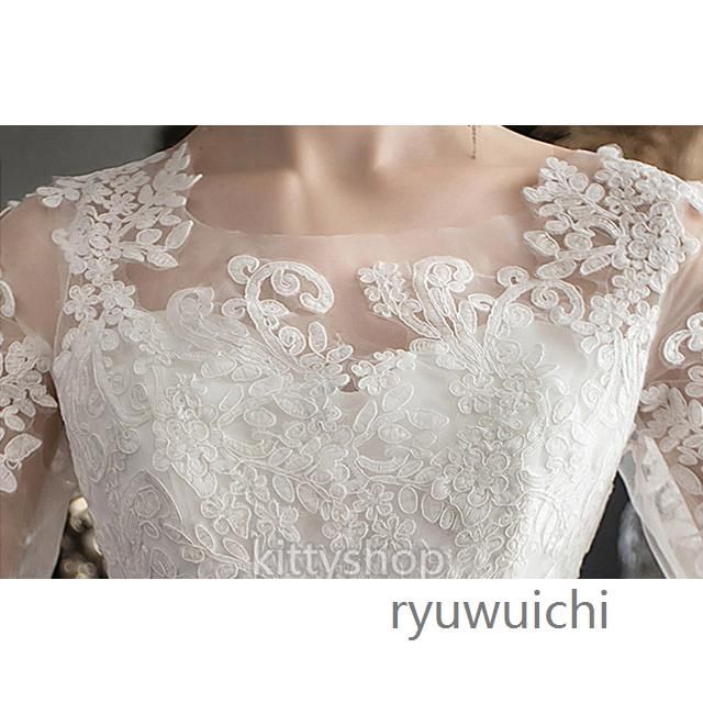 ウェディングドレス 袖あり 7分袖 レース キレイめ ホワイトドレス