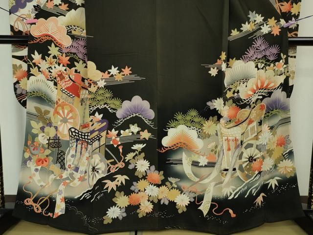 平和屋本店□極上 アンティーク 大正ロマン 振袖 刺繍 御所車吉祥花  