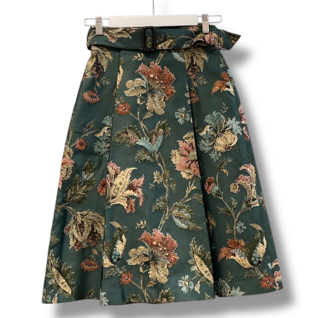 ANAYI アナイフラワージャガードベルト付きスカート 101827-11-160-71-360 ジャガード スカート フラワー柄 食事会 同窓会 フェミニン モスグリーン 36サイズ レディース 秋 ゴーゴー古着マルイ草加店2261