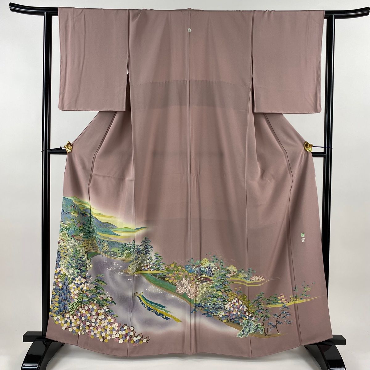 色留袖 身丈163cm 裄丈62.5cm S 袷 松本健一 落款 風景 樹木 染め分け ぼかし ピンク 正絹 名品 一つ紋