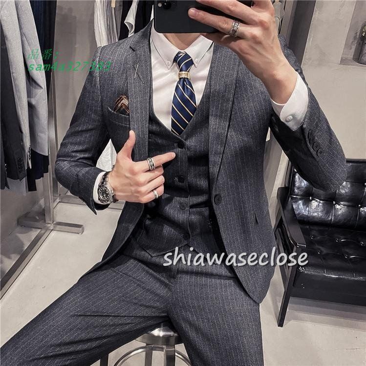 スーツメズおしゃれビジネススーツストライプカジュアルスーツ3ピーススーツフォーマルスーツスーツセットアップ洗える細身紳士服通勤結婚式