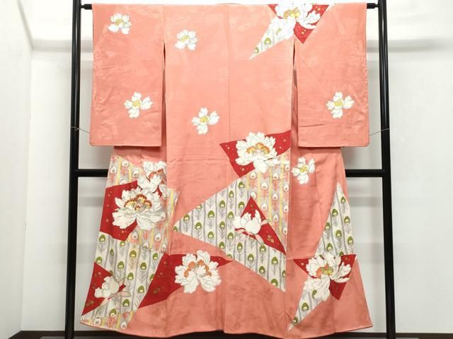 平和屋着物●アンティーク 大正ロマン 駒刺繍 孔雀羽牡丹文 金彩 正絹 CAAX0993vf
