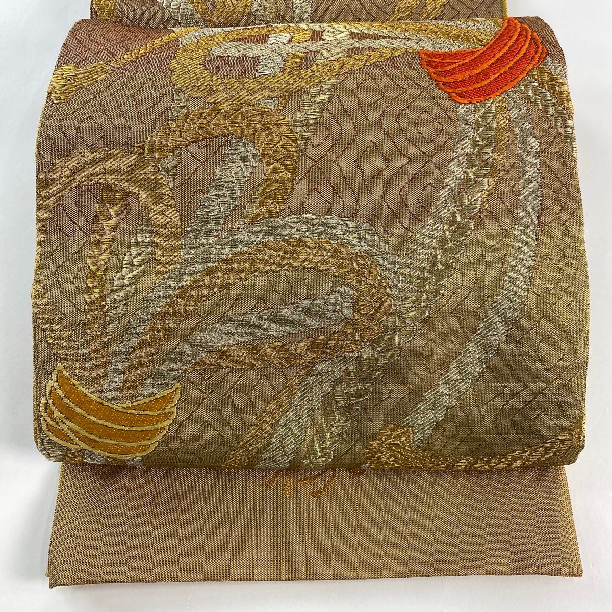 袋帯 落款 室町源 吉祥結び文 金糸 銀糸 金色 全通 正絹