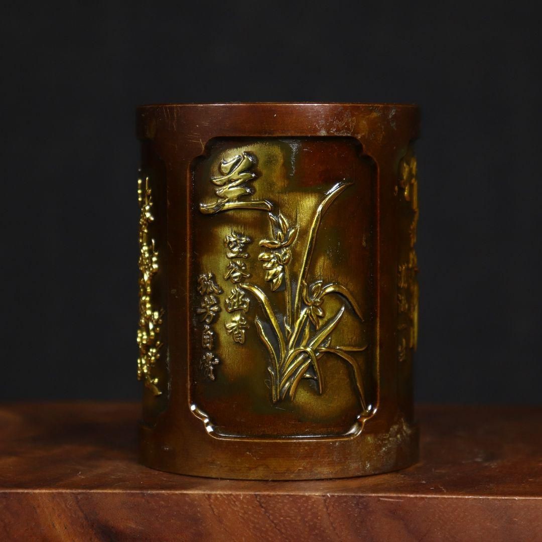 銅製 梅蘭竹菊筆筒 筆置 書道具 文房具 現代工芸品 美術品