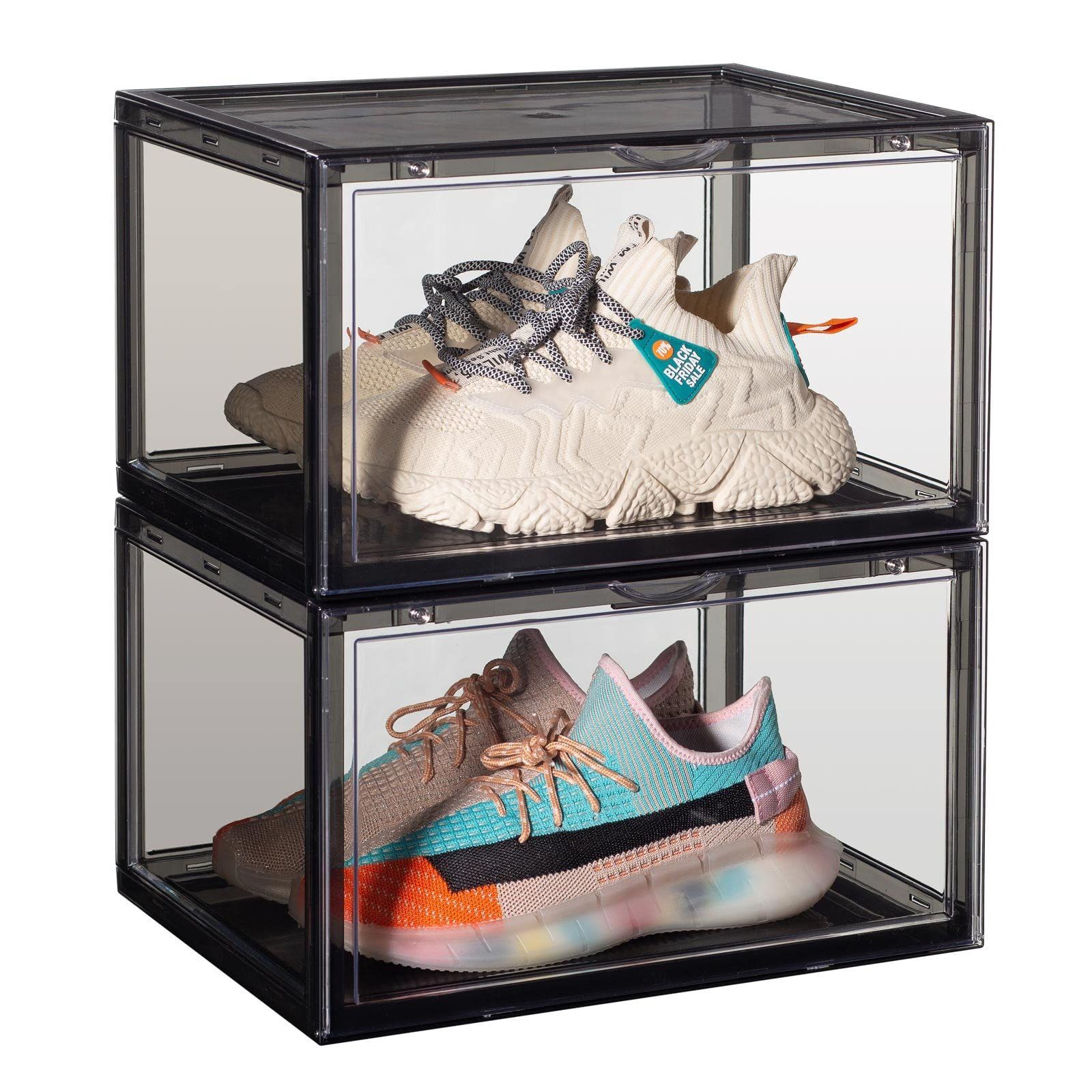Size:2個セット_Color:クリア×ブラック 八番屋 シューズボックス スニーカーボックス 収納ボックス シューズラック 靴棚 靴収納 玄関収納 下駄箱 大容量 約W36×D28×H22cm 2個セット クリア×ブラッ