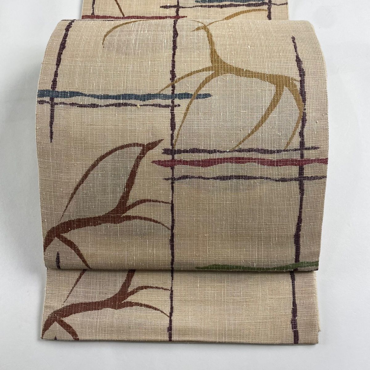 袋帯 秀品 紬地 鹿 幾何学模様 草木染 ベージュ 六通 正絹 【中古