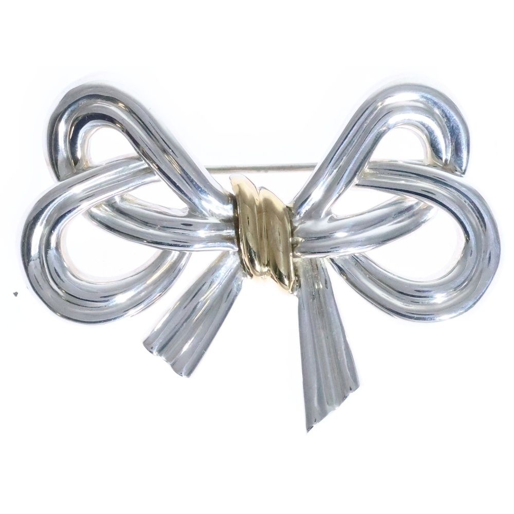 TIFFANY-Co ティファニー リボンモチーフ ブローチ バッジ シルバー×ゴールド