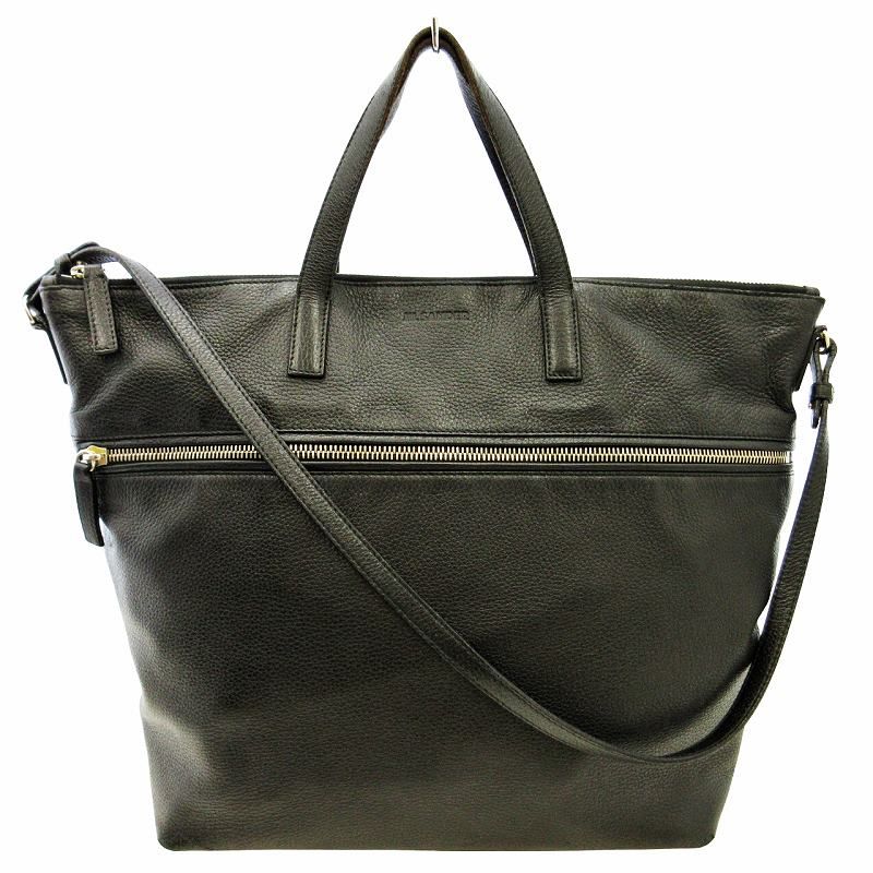 ジルサンダー JIL SANDER ロゴ 2WAY シボレザー ショルダーバッグ トートバッグ ハンドバッグ 大容量 A4収納可 本革 黒 ブラック 0223 AA