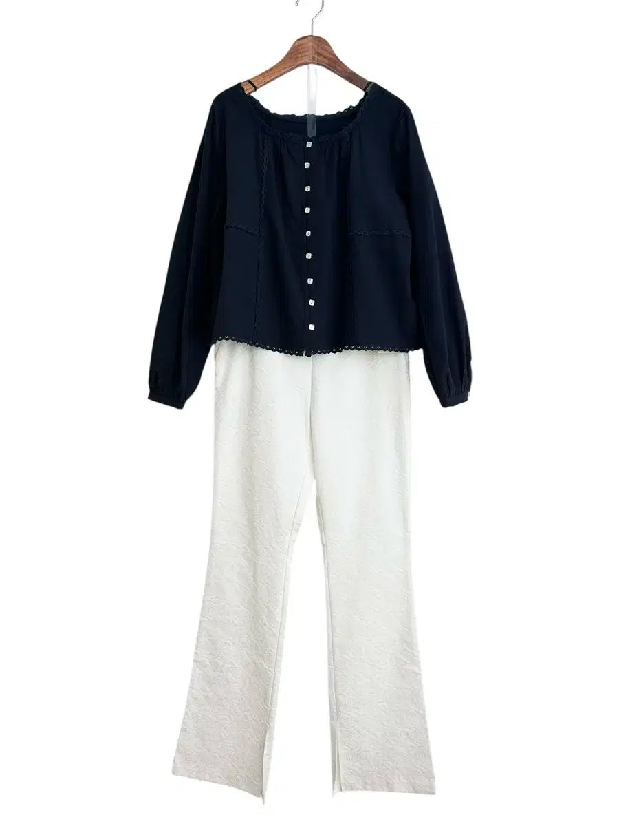通信なし ジャカード セミフ セミブーツカット パンツ-ホワイト