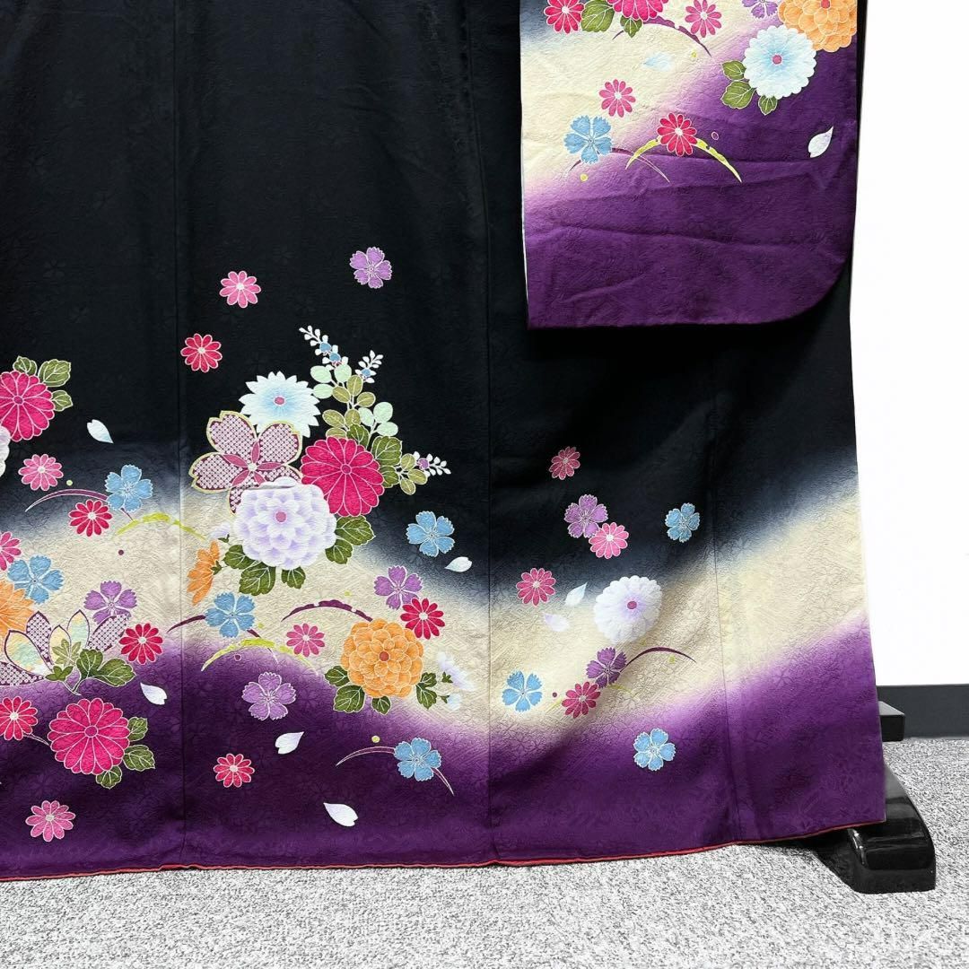 振袖6点セット 黒地 菊花 枝垂れ桜 晴れの日 成人式 着物 064w p