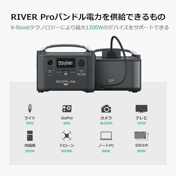 EcoFlow ポータブル電源 RIVER Pro専用容量拡張バッテリー 720Wh 付け替え簡単 RIVER Proポータブル電源(720Wh)と接続させて容量を倍増(1440Wh) 車中泊 キャンプ 停電対策 防災グッズポータブル電源専用