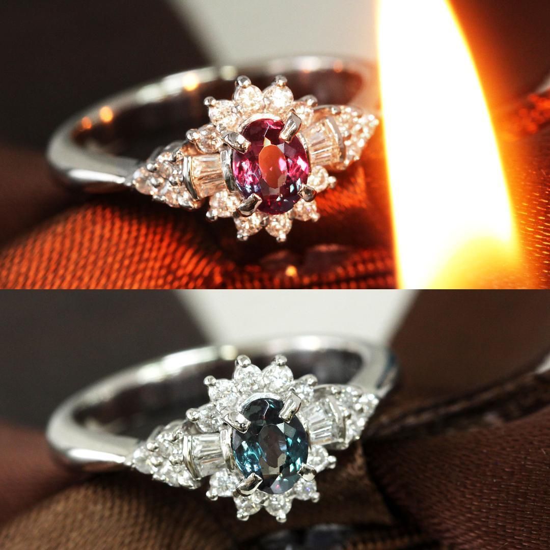 カラー激変 特品 アレキサンドライト ダイヤモンド プラチナ 取り巻き リング 鑑別書付 0.38ct Pt900 指輪