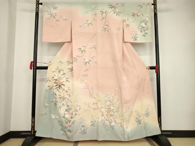 【上品】⭐️金彩訪問着⭐️草花文様⭐️螺鈿⭐️縮緬⭐️ 平和屋着物○訪問着 駒刺繍 霞松竹梅花文 金彩 鬼しぼ縮緬