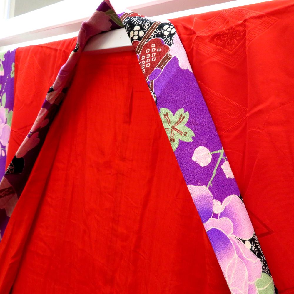 襦袢 昔 長襦袢 アンティーク バチ衿 正絹 紫 多色 和楽器 花々 紅絹