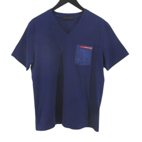 プラダ PRADA SJM994 2018 半袖 カットソー ポケットt M 青系 ブルー Vネック ロゴ ポケット 綿 コットン ストレッチ 正規