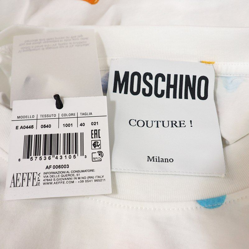 モスキーノ MOSCHINO 20SS ダブルクエスチョン プリント ワンピース Tシャツ カットソー 総柄 40 ホワイト 白 A0445