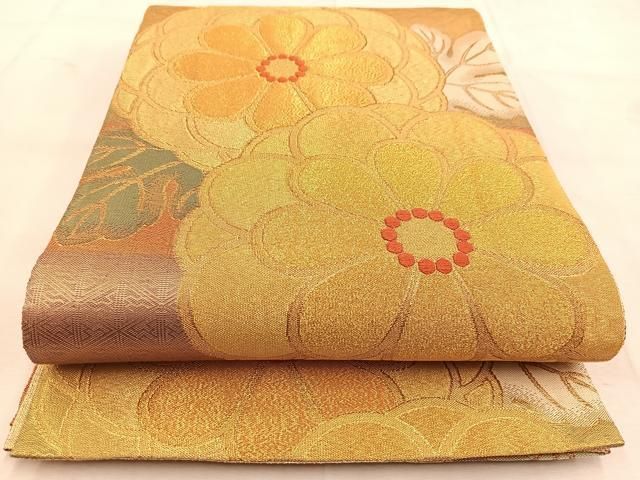 【訳あり品】正絹　菊柄 袋帯 袋帯 秀品 菊 金糸 箔 焦茶色 六通 正絹 【中古】 - メルカリ