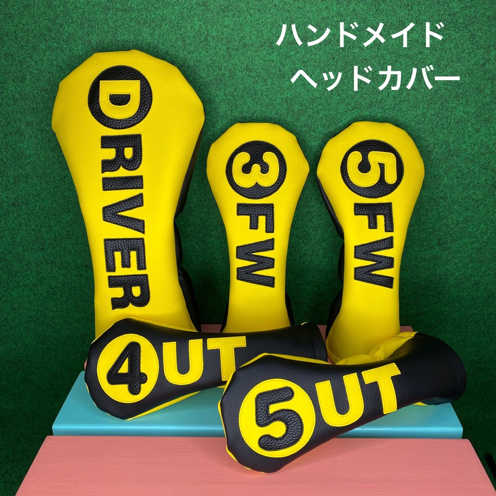 ハンドメイド イエロー×マットブラック 丸パーツ付 ゴルフクラブ用ヘッドカバー 合皮 フェイクレザー