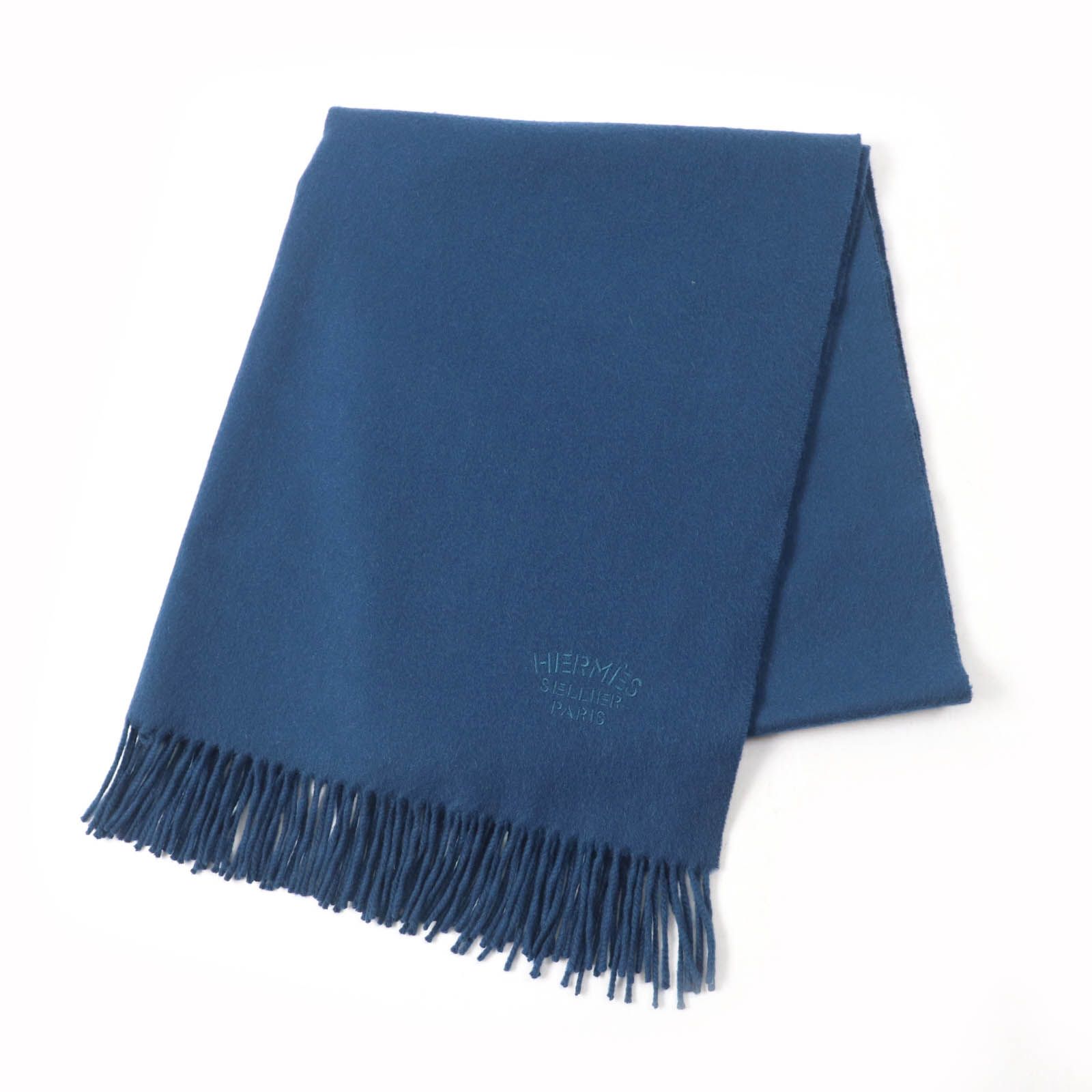 HERMES エルメス カシミヤ100％ ロゴ刺繍入り フリンジ付 大判 ストール ショール マフラー ブルー系 レディース