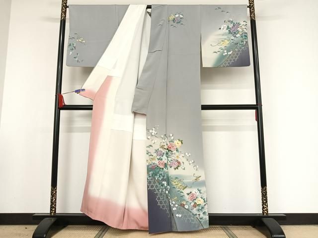 平和屋着物○英王室献上友禅作家 木下勝功 訪問着 手描き 刺繍 枝花文