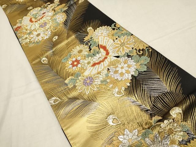 平和屋着物▽六通柄袋帯 妃翔錦 花蝶文 黒地 金銀糸 正絹 逸品
