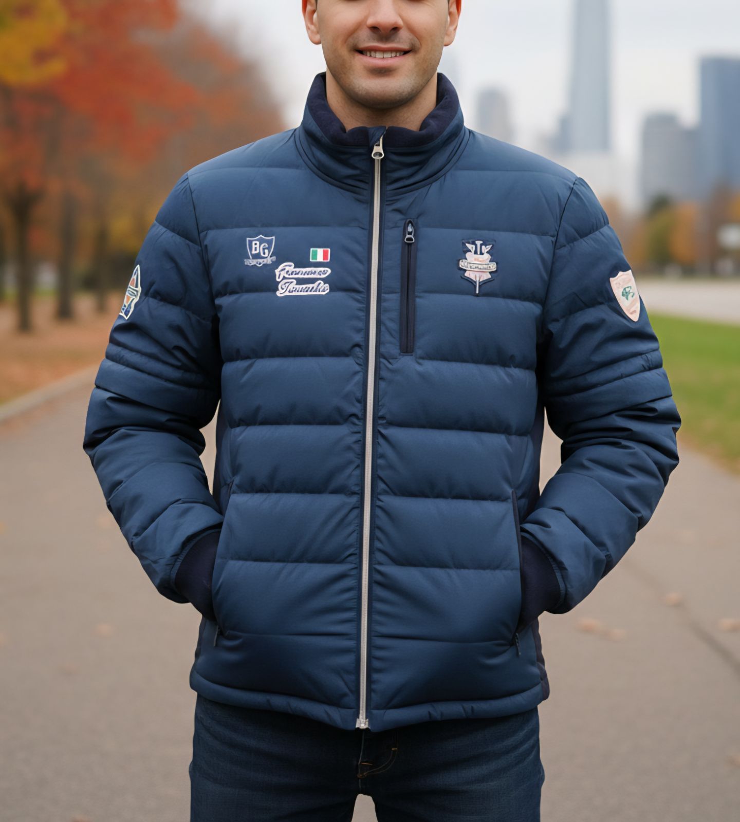 大人気 ビームスゴルフ パープルレーベル BEAMS GOLF PURPLE LABEL タラッティ ヘリンボーンプリント ダウンブルゾン S ダウンジャケット 2WAY ネイビー 紺