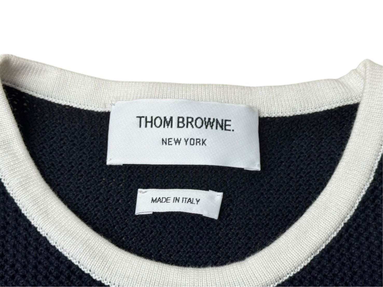 極美品 THOM BROWNE トムブラウン ニット・セーター ネイビー ホワイト コットン ナイロン FKA444A-Y3006-415 中古 4b005537 極美品 THOM BROWNE トムブラウン ニット・セーター ネイビー ホワイト