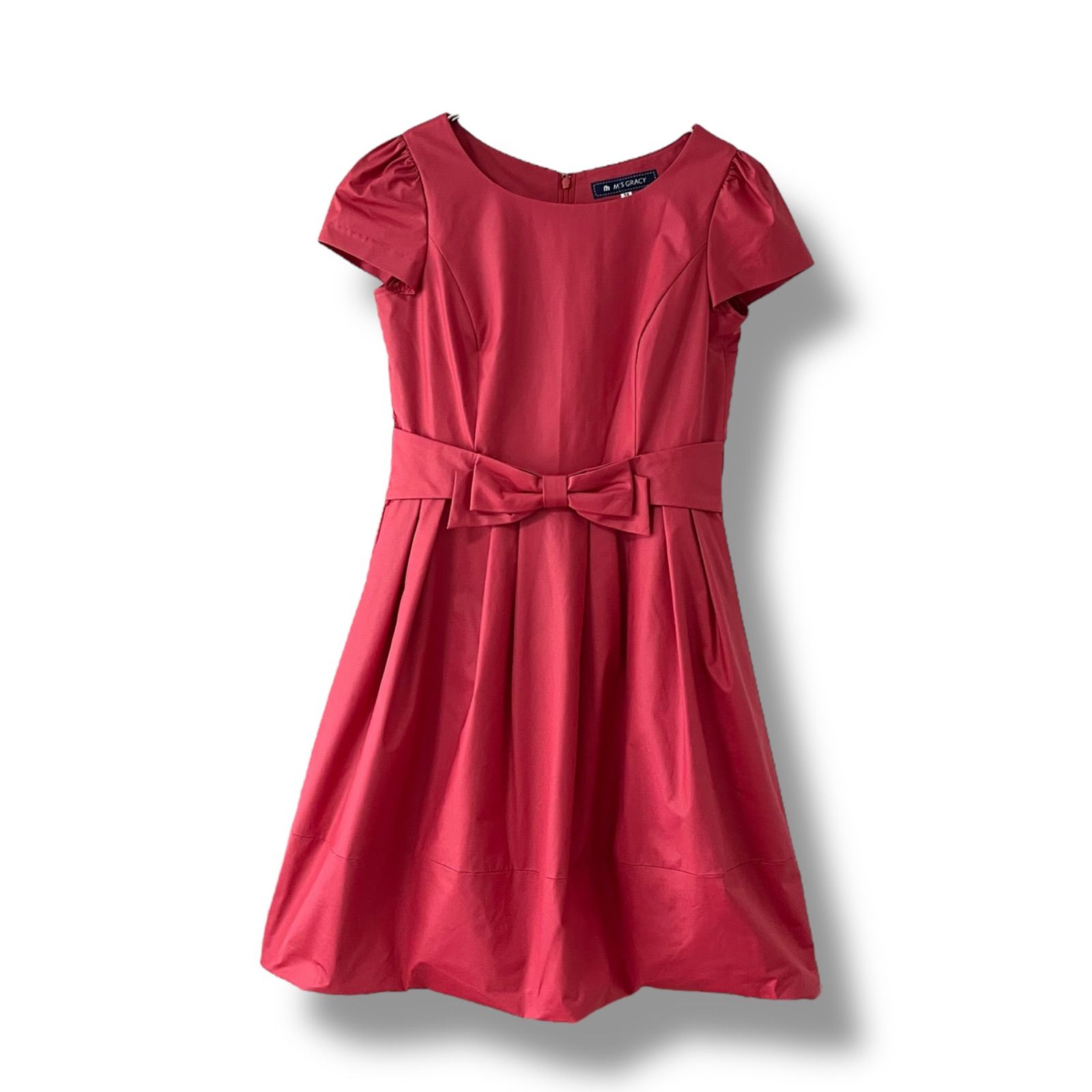 M S GRACY エムズグレイシー レッド 半袖ワンピース リボンベルト付き ポリエステル 38 Mサイズ相当 レディース フ スカート エレガント 0000487OC
