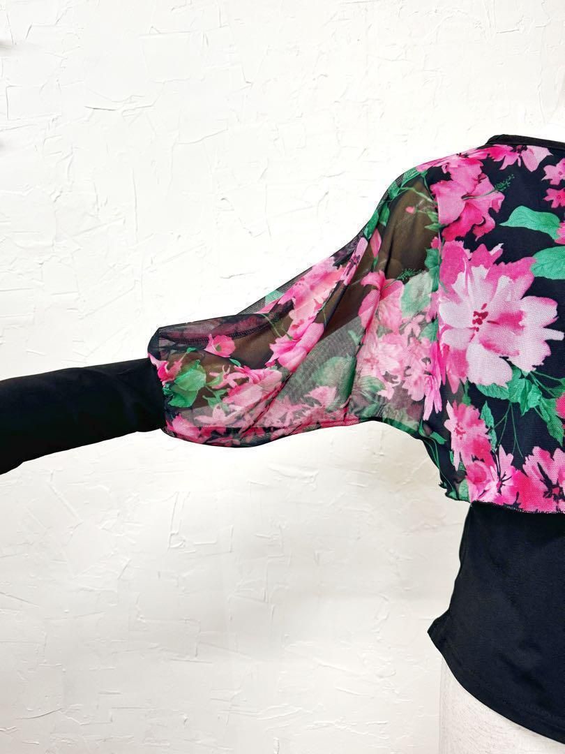 パーティーに】新品 社交ダンス ピンク花柄セットアップ黒 m926