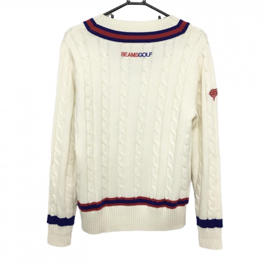 超 ビームスゴルフ セーター 白×レッド ケーブル編み ウール混 裏地付 レディース S ゴルフウェア BEAMS GOLF