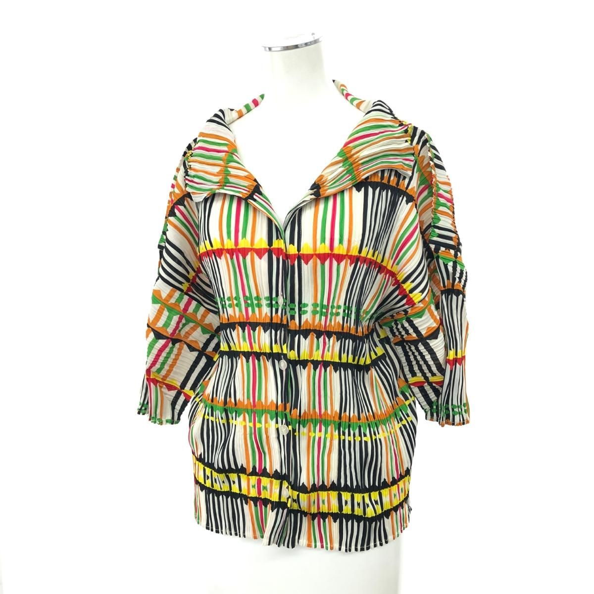 PLEATS PLEASE プリーツプリーズ イッセイミヤケ 総柄 七分袖シャツ ブラウス サイズ:3 PP22-JK793 マルチカラー  レディース 　240002230338 PLEATS PLEASE プリーツプリーズ イッセイミヤケ 総柄 七分袖シャツ