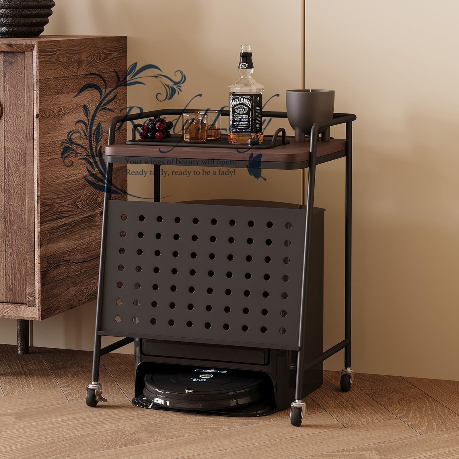 ロボット掃除機用スタンドキャビネット ャスター付き バスルーム用小型サイドテーブル 省スペース 収納ベッドサイドテーブル Black